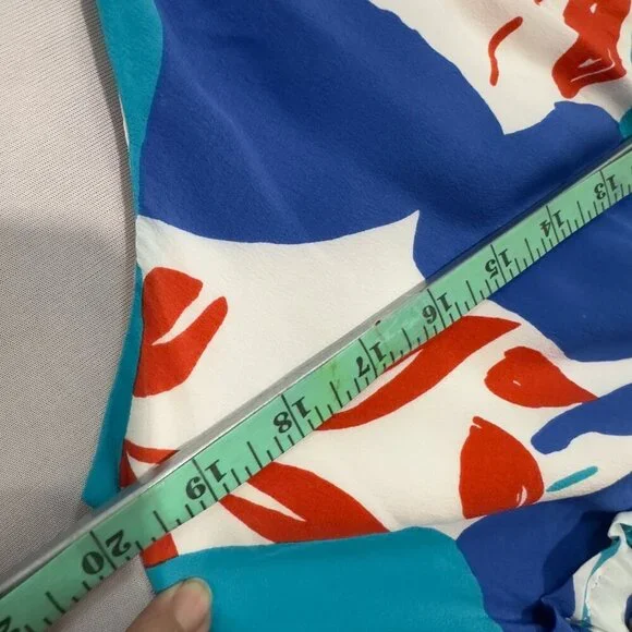 Sleeveless Silk-Inspired Dress with Blue & Orange Botanical Pattern  (SIZE 6) - Picture 13 of 16